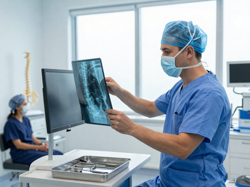 Bel kayması ameliyatı consultation with an orthopedic surgeon examining x-rays in a modern clinic.