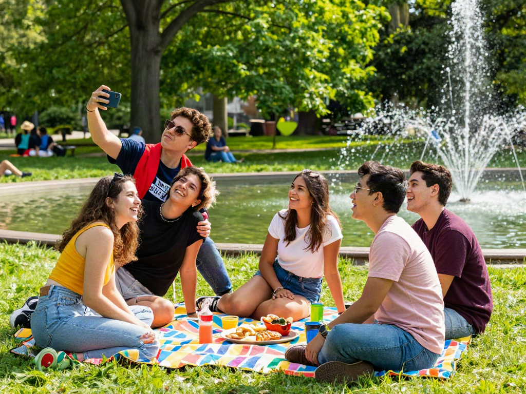 Group of friends enjoying a sunny day while assessing how old do I look during a fun outdoor photo session.