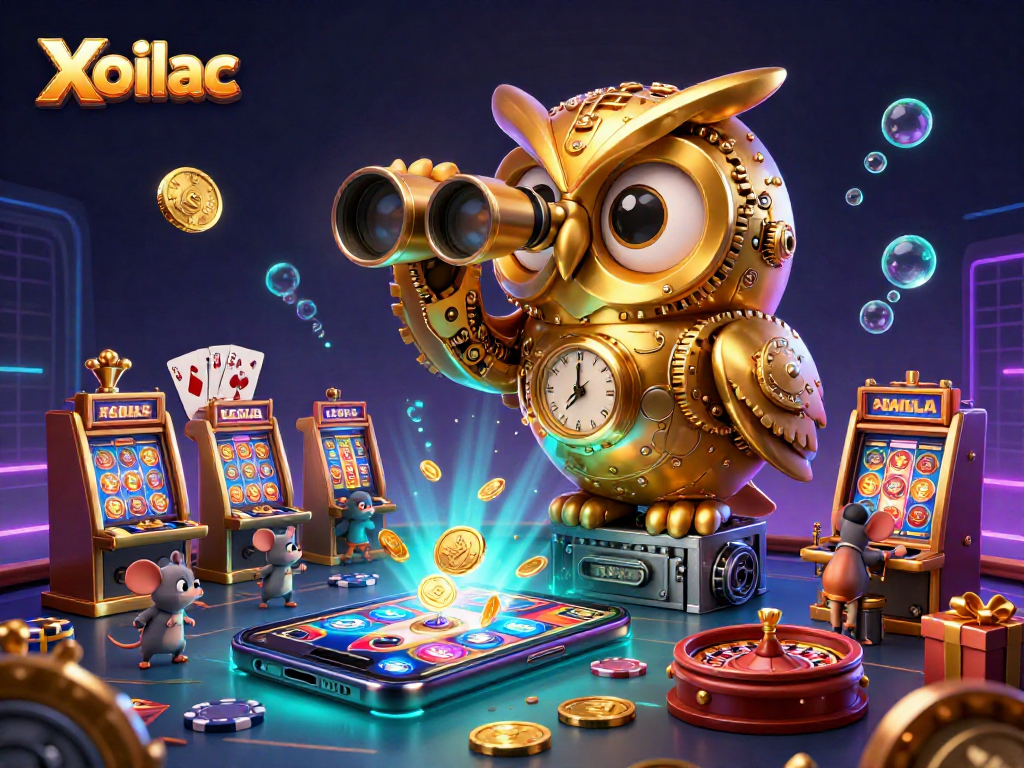 Xoilac enhances gambling excitement with a 3D golden owl overseeing a vibrant casino scene filled with games.