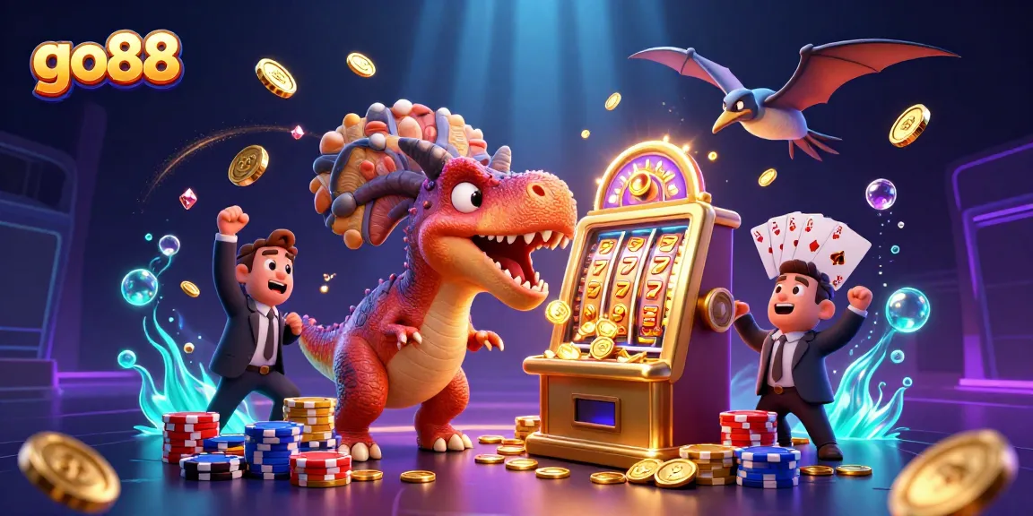 go88 entertains players with a vibrant scene of a dinosaur hitting a slot machine for a jackpot.