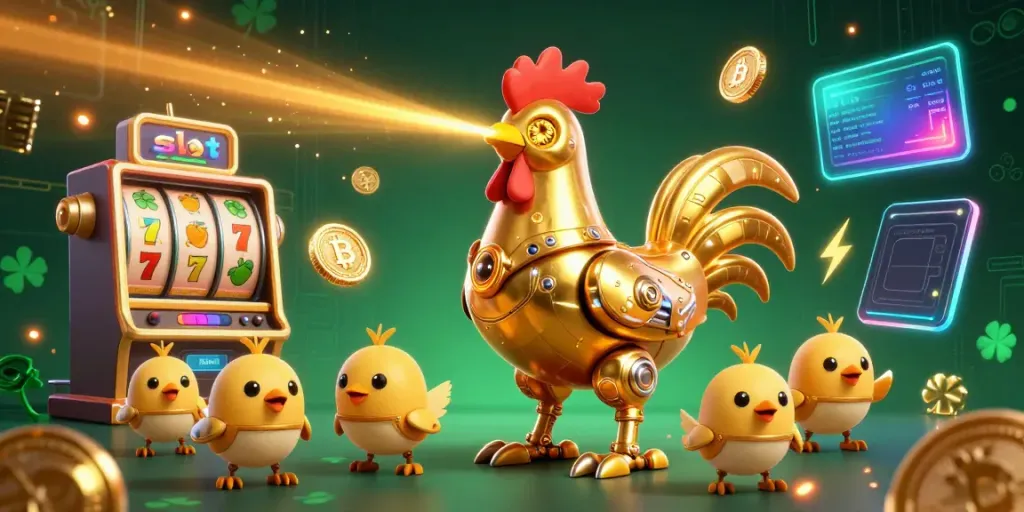 Menangkan permainan slot dengan robot ayam emas dan drone bayi dalam suasana kasino digital yang megah.