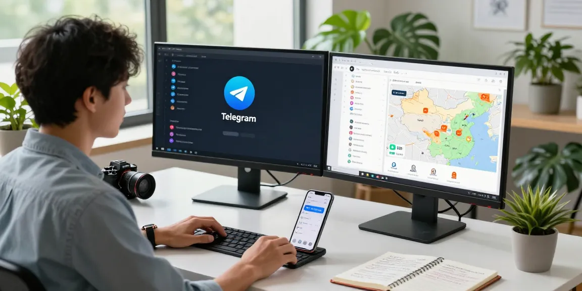 Exploring telegram china alternative in a modern workspace with video calling and app interfaces.
