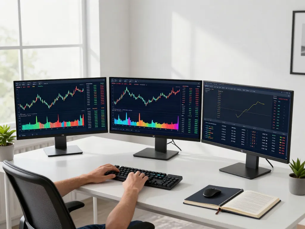 Real-time stock API interface on monitors, providing live data for 日本株 リアルタイム API in a professional trading workspace.