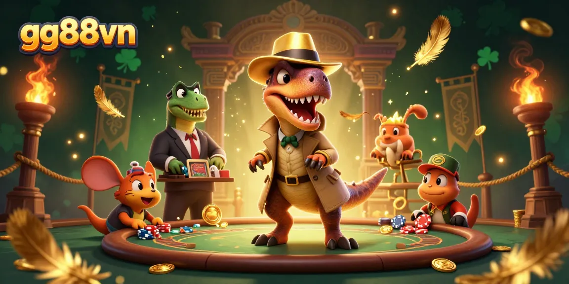 Engage in thrilling blackjack action at gg88vn with a cartoon velociraptor card counter amidst sparkling casino excitement.