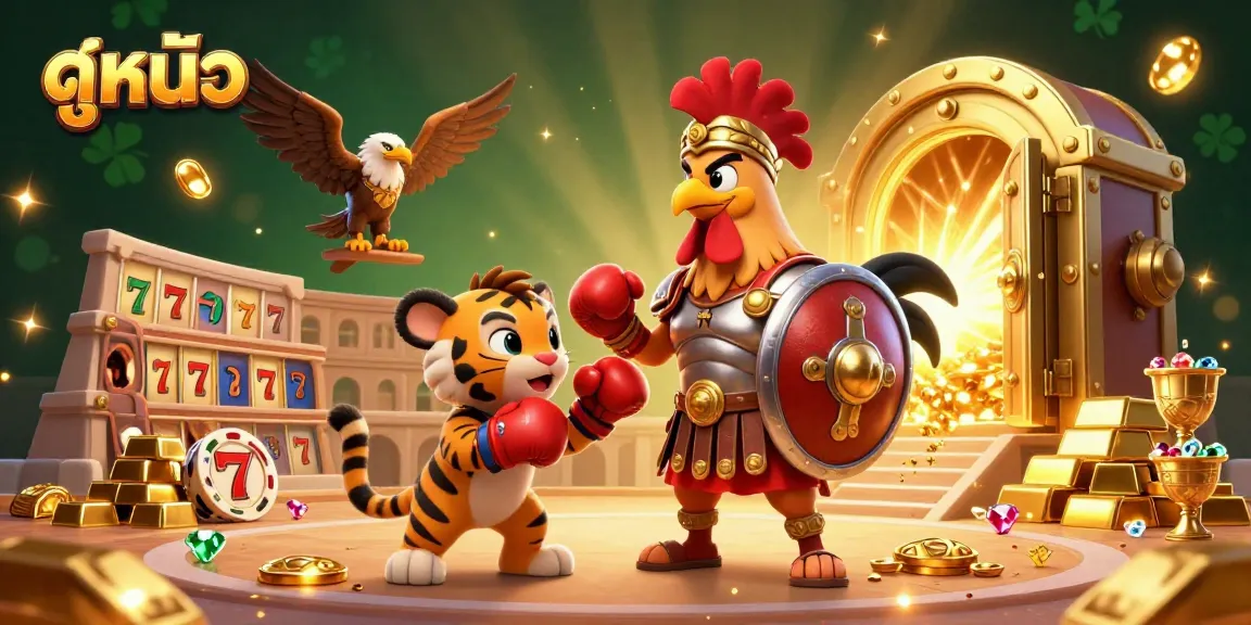 Experience ดูหนังออนไลน์ effortlessly in a lively gambling scene with a gladiator character, slot elements, and bursts of treasures.