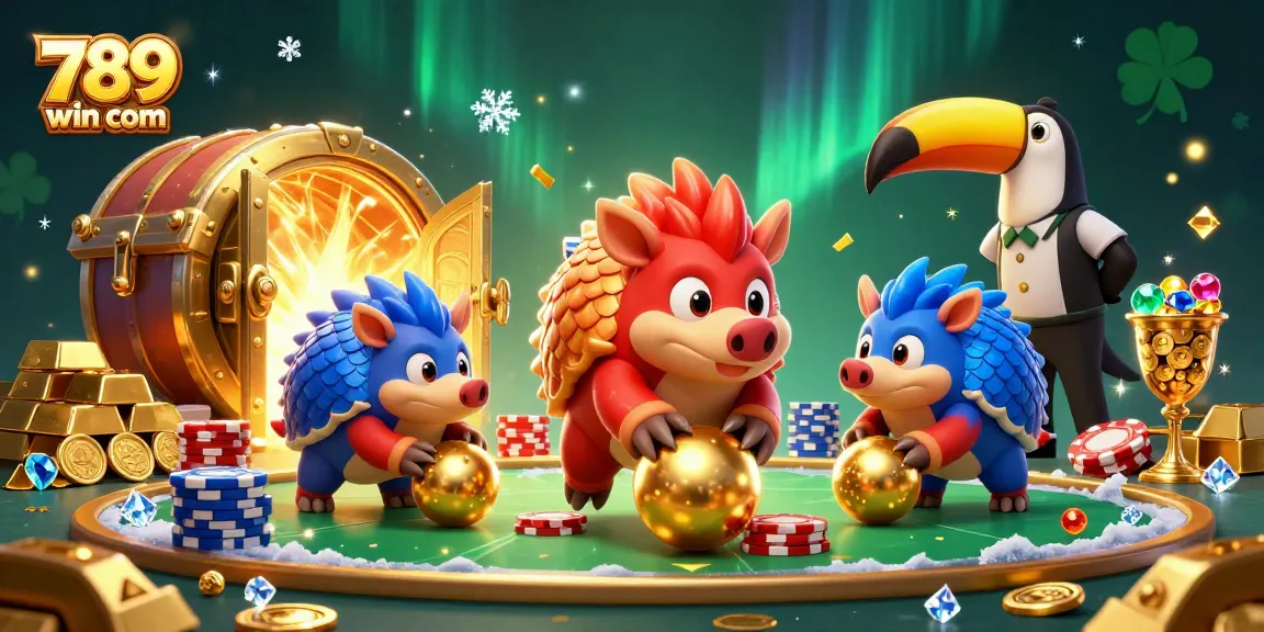 Experience the thrill at 789win com with animated pangolins rolling through poker chips and treasures.