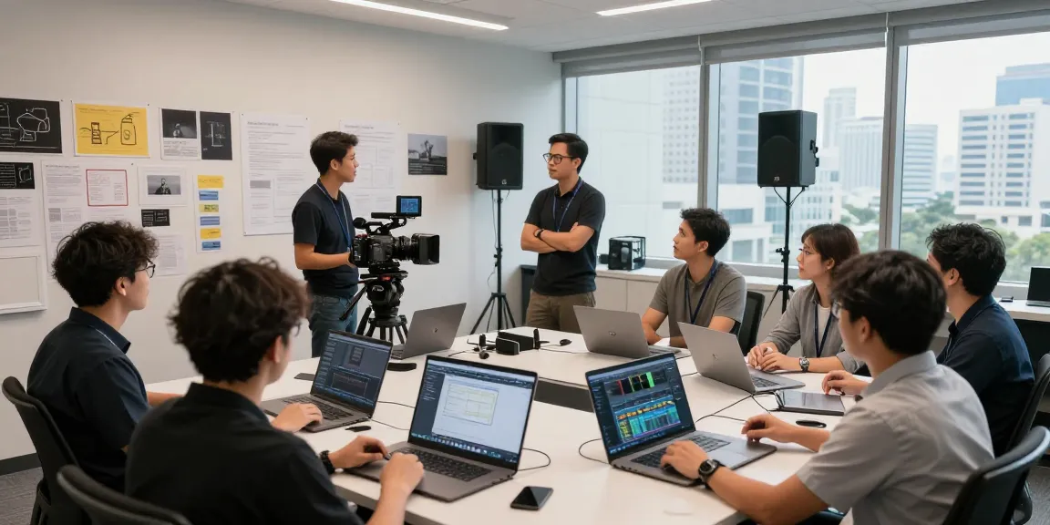 Best corporate video production company Singapore team collaborating in studio.