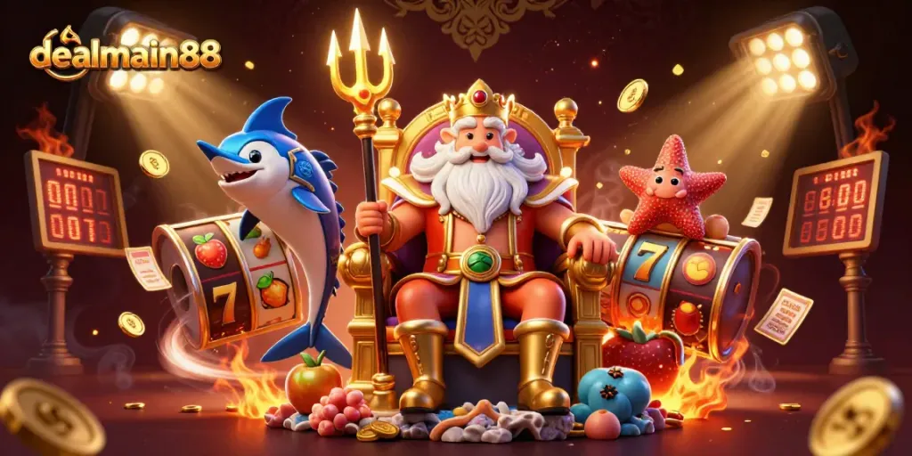 Experience thrilling gameplay with dealmain88, featuring Neptune and vibrant slot elements in a casino atmosphere.