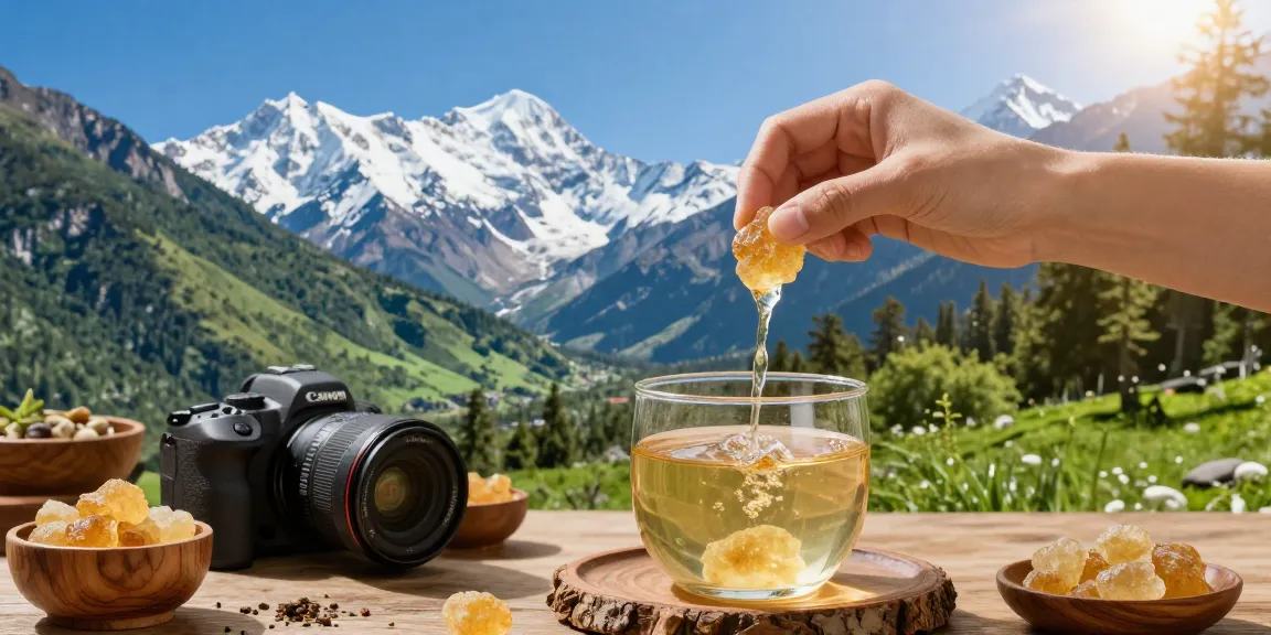 Authentic shilajit resin Australia dissolved in warm water amidst Himalayan scenery.