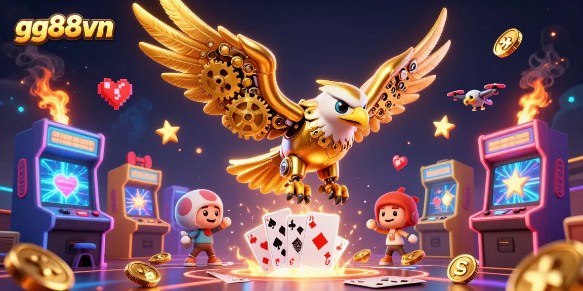 Experience thrilling dives with gg88vn's cybernetic eagle amidst vibrant holographic gambling elements.
