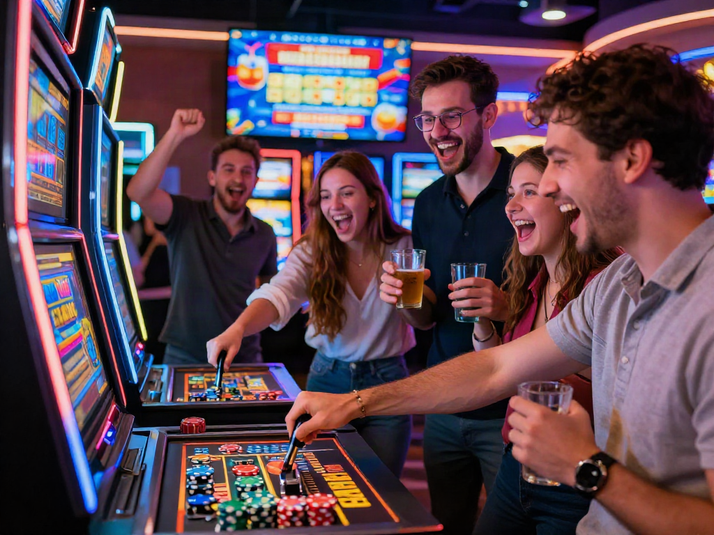 Exciting scene of friends celebrating around a slot gacor machine in a vibrant casino atmosphere.