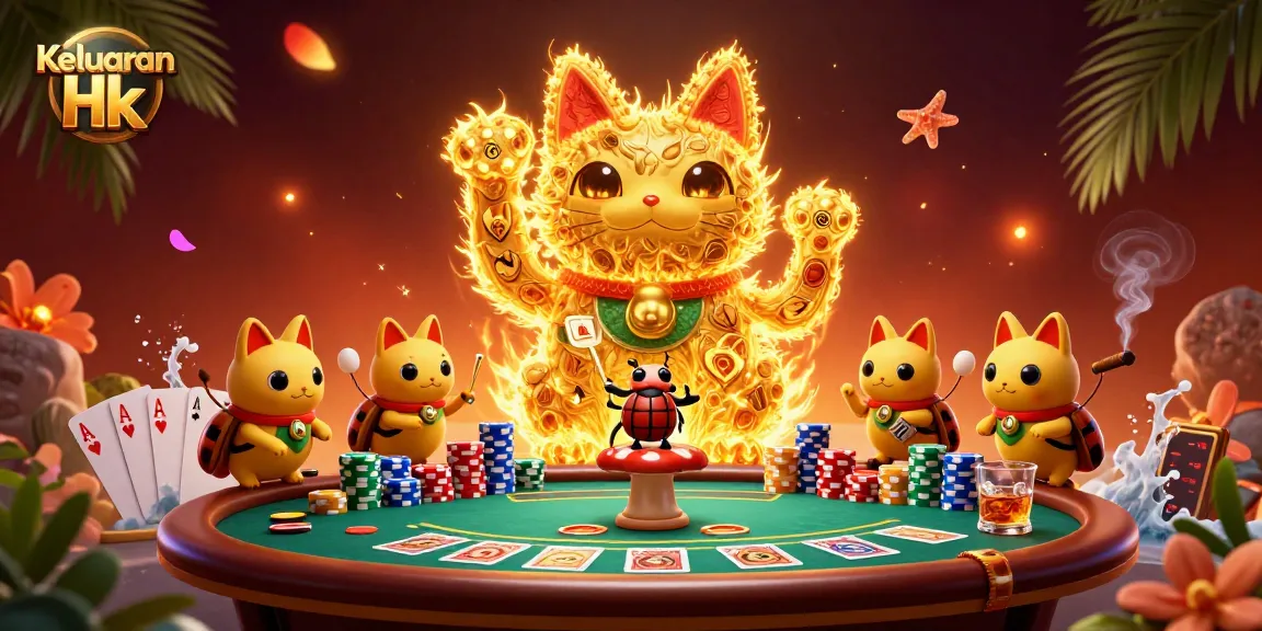 Check Keluaran Hk results with a dynamic scene featuring a lucky cat and poker elements.