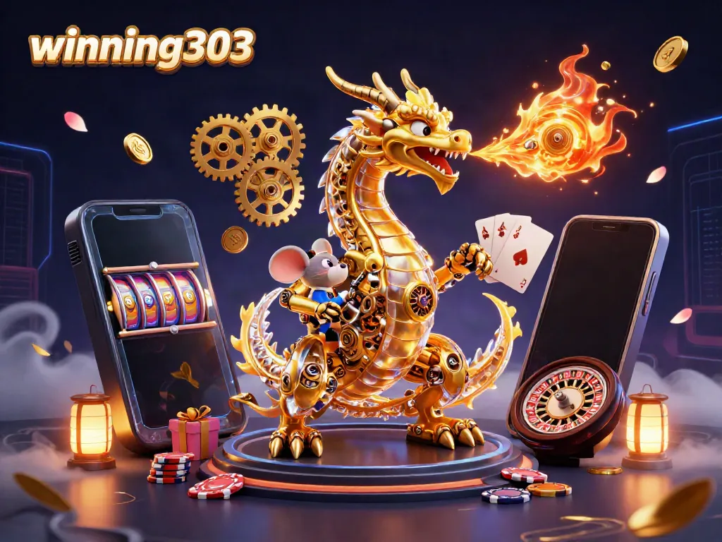 Winning303 features a vibrant 3D dragon and engaging slot game elements, showcasing thrilling gaming moments.