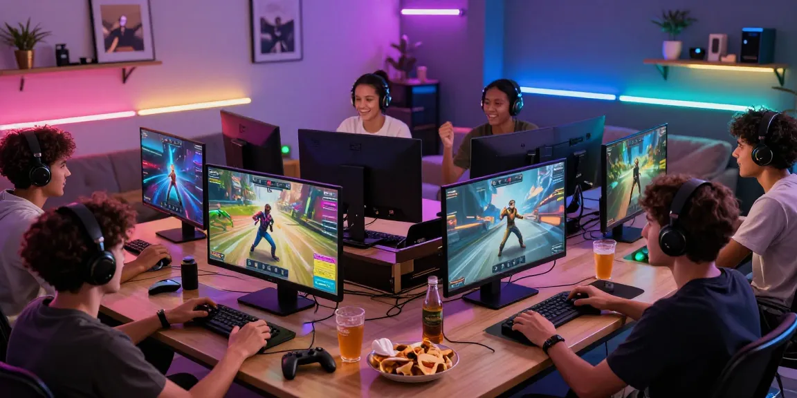 Friends enjoying a multiplayer game session online with rokok88 login in a vibrant gaming setup.
