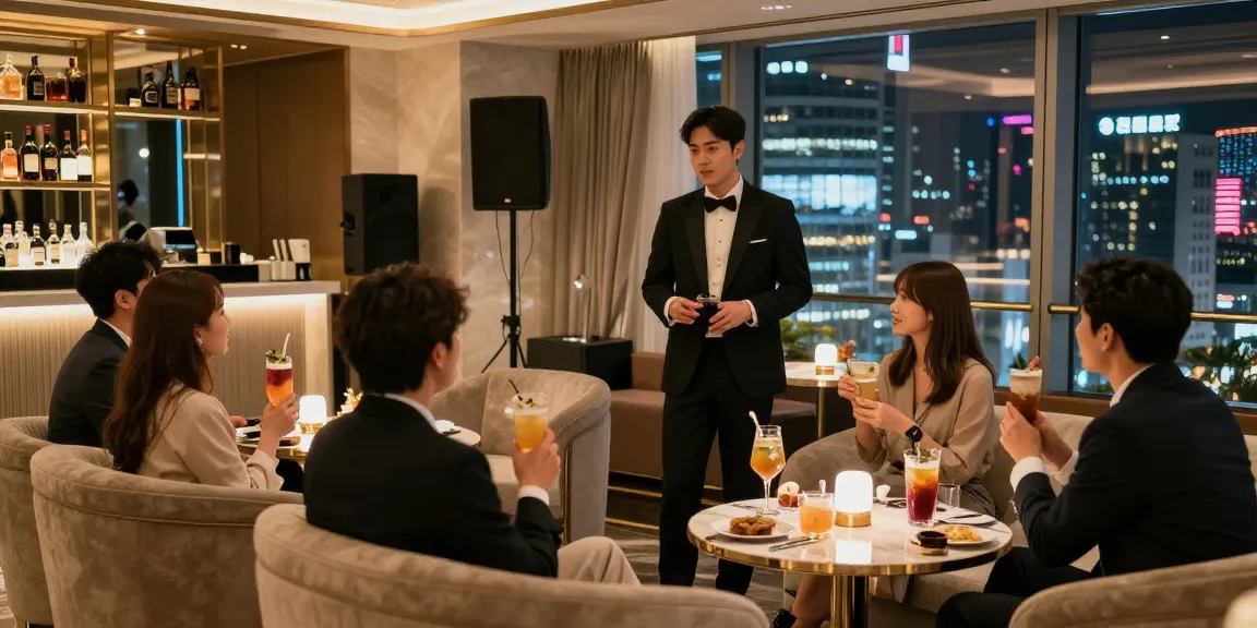 강남블랜딩 고급스러운 라운지에서 손님들이 즐겁게 대화하며 음료를 나누고 있는 모습