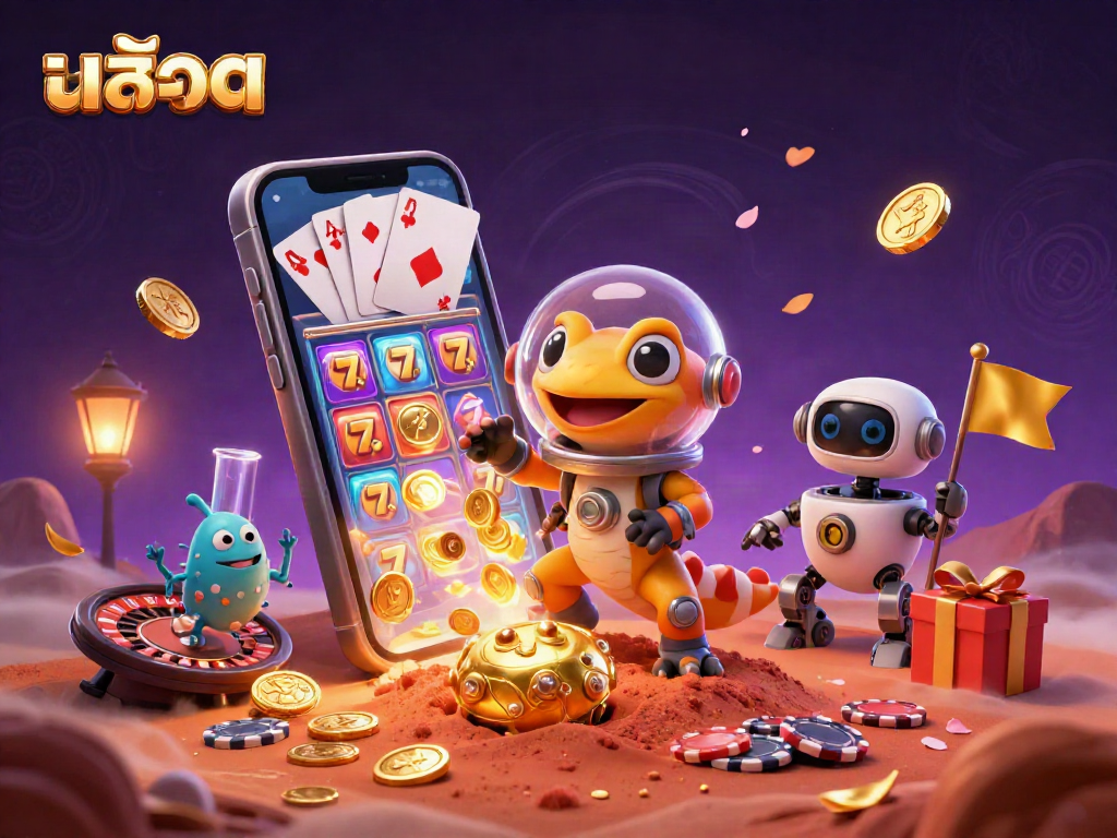 Engage inสล็อต excitement with a Martian gecko discovering a golden casino on Mars amidst vibrant slot gaming elements.