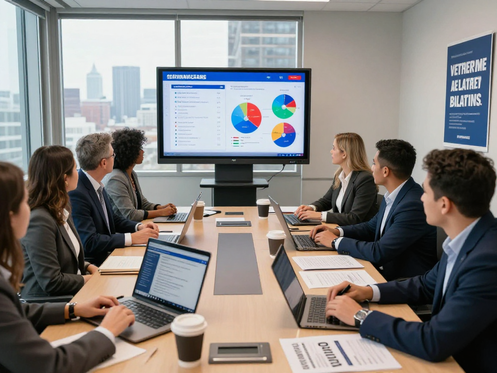 Campaign managers strategizing streaming ads for political campaigns in a modern meeting room.