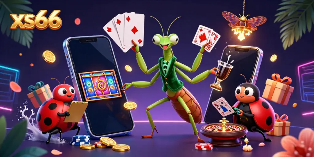 Experience excitement with xs66's vibrant online casino scene featuring a cartoon mantis and ladybug.