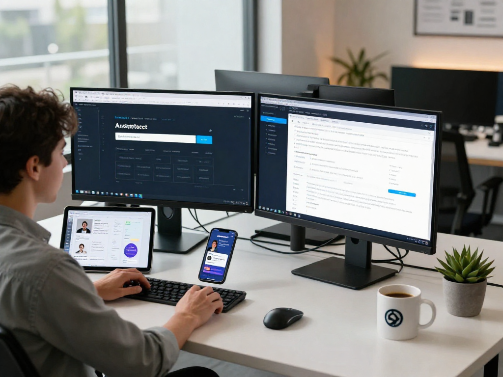 Marketer managing multiple client accounts using antidetect browser in a modern workspace.
