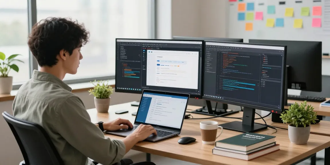 Developer coding in a modern office with multiple screens, showcasing 纸飞机中文版 project in a focused atmosphere.