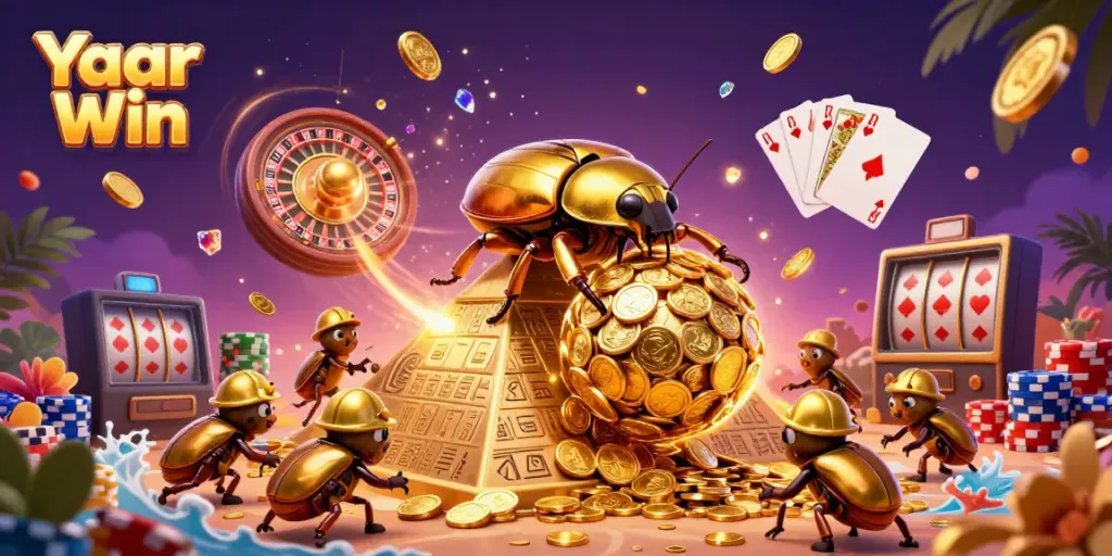 Experience Yaar Win with golden beetles at the casino, rolling coins amidst vibrant game symbols.