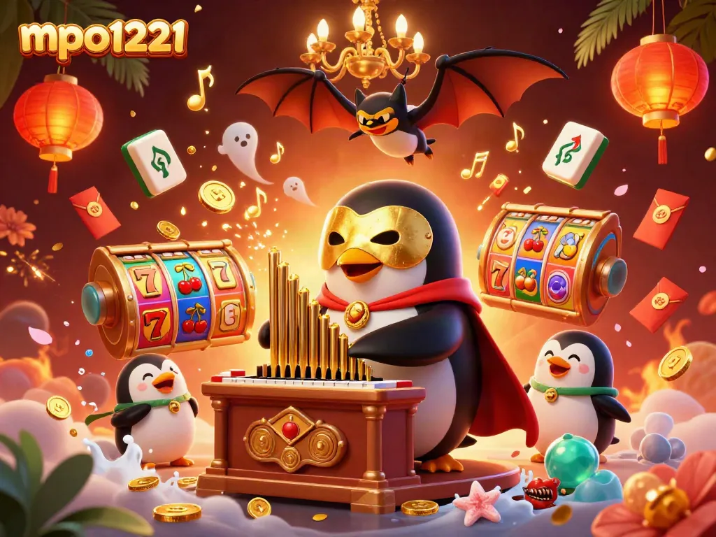 Experience mpo1221's thrilling casino magic with a vibrant scene of a playful organ-playing penguin.