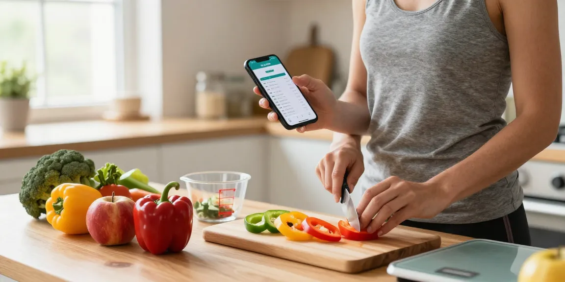 Health-conscious individual tracking best calorie tracking apps while preparing a fresh meal in a kitchen.