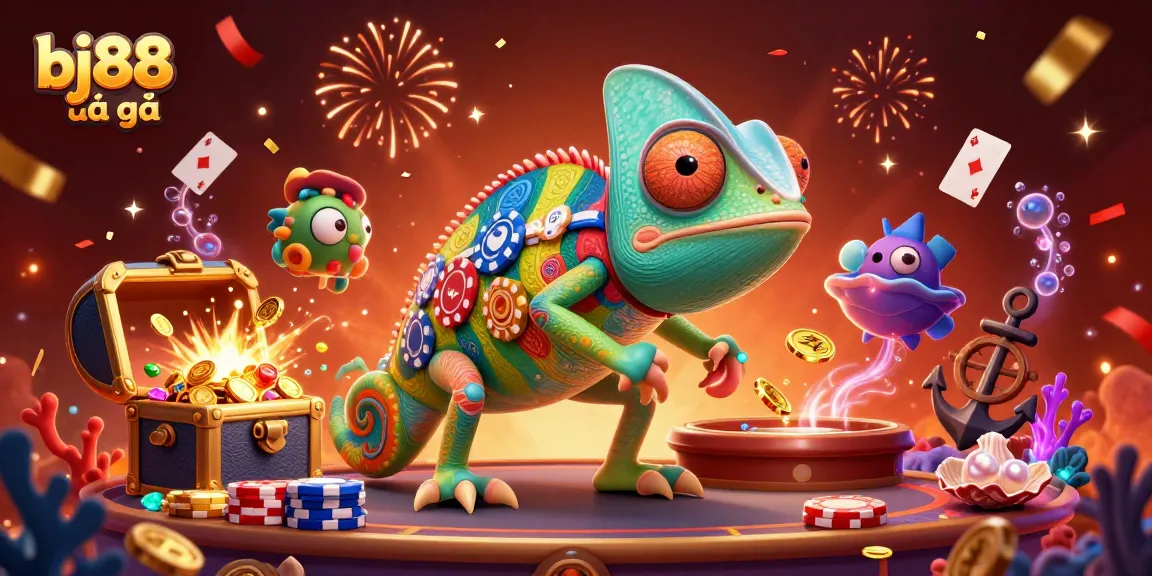 Engage in thrilling bj88 đá gà action with vibrant chameleon character and festive decorations
