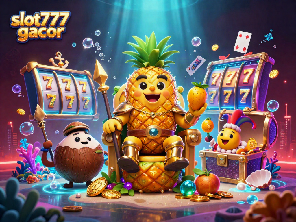Engage with slot777 gacor and enjoy a vibrant casino scene filled with golden treasures and lively characters.