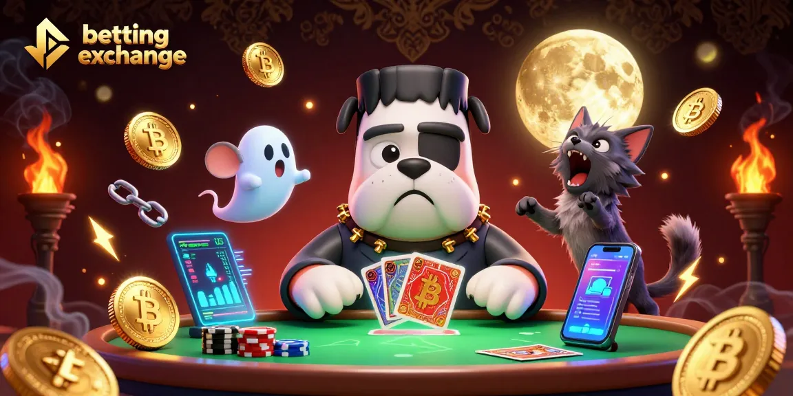 Engage in the thrilling betting exchange experience with our vibrant illustration featuring unique characters and crypto elements.