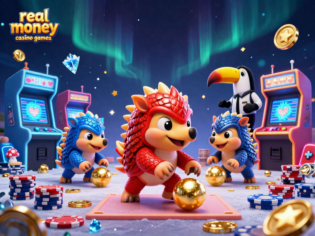 Engage in real money casino games with dynamic pangolins rolling poker chips amid vibrant arcade elements.