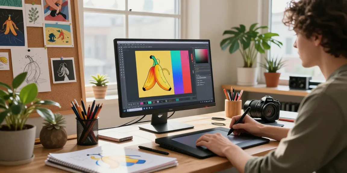 Artist using nano banana 2 in a creative digital workspace with vibrant visuals.
