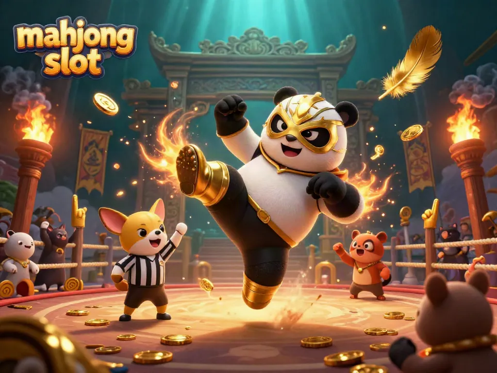 Experience the excitement of playing mahjong slot with a dynamic panda wrestling scene, vibrant colors.