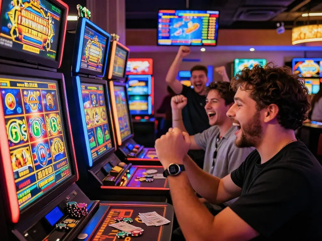 Celebrating a slot jackpot win in a lively online casino environment with vibrant machines and happy players.