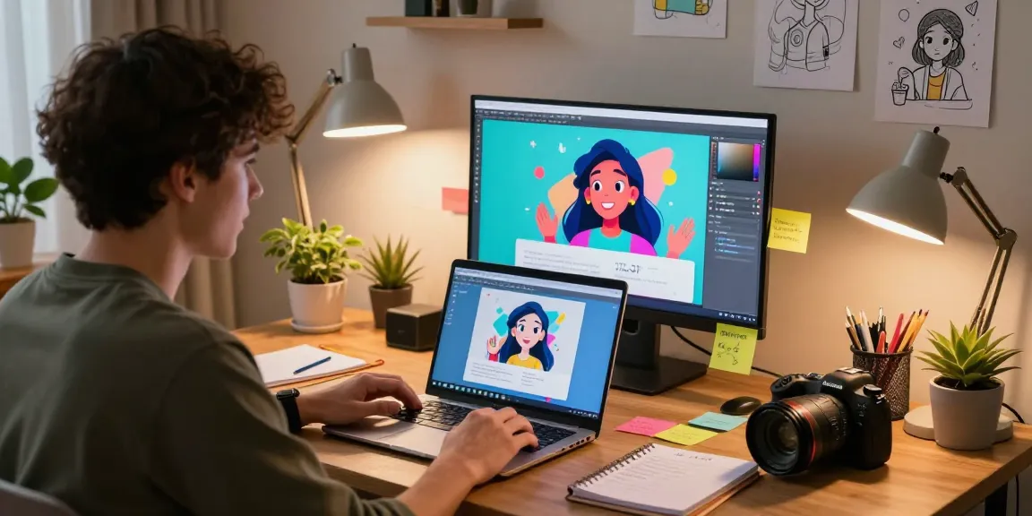 Engaging NSFW AI chat interaction in a cozy workspace with vibrant character design tools.