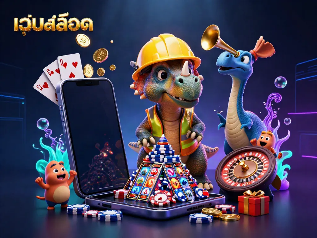 Engaging เว็บสล็อต 3D illustration showcasing a triceratops building poker chip pyramids amidst cheering compys and slot game elements.