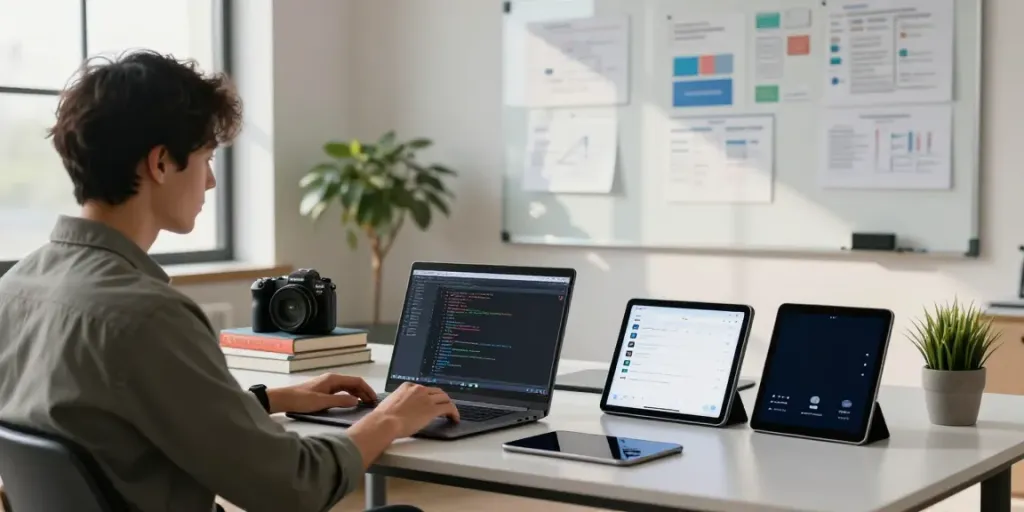 Innovative workspace at h5.2113.net showcasing coding and app development.