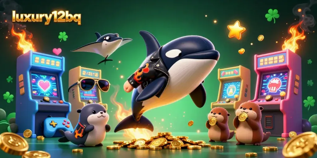 Menangkan jackpot bermain di luxury12bq dengan ilustrasi kasino yang menarik dan karakter laut yang menggemaskan.