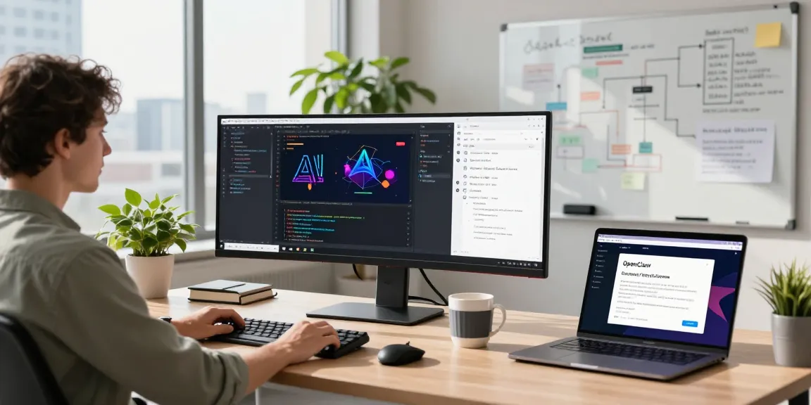 OpenClaw skill in a dynamic tech workspace with a developer coding, showcasing modern tools and collaboration.