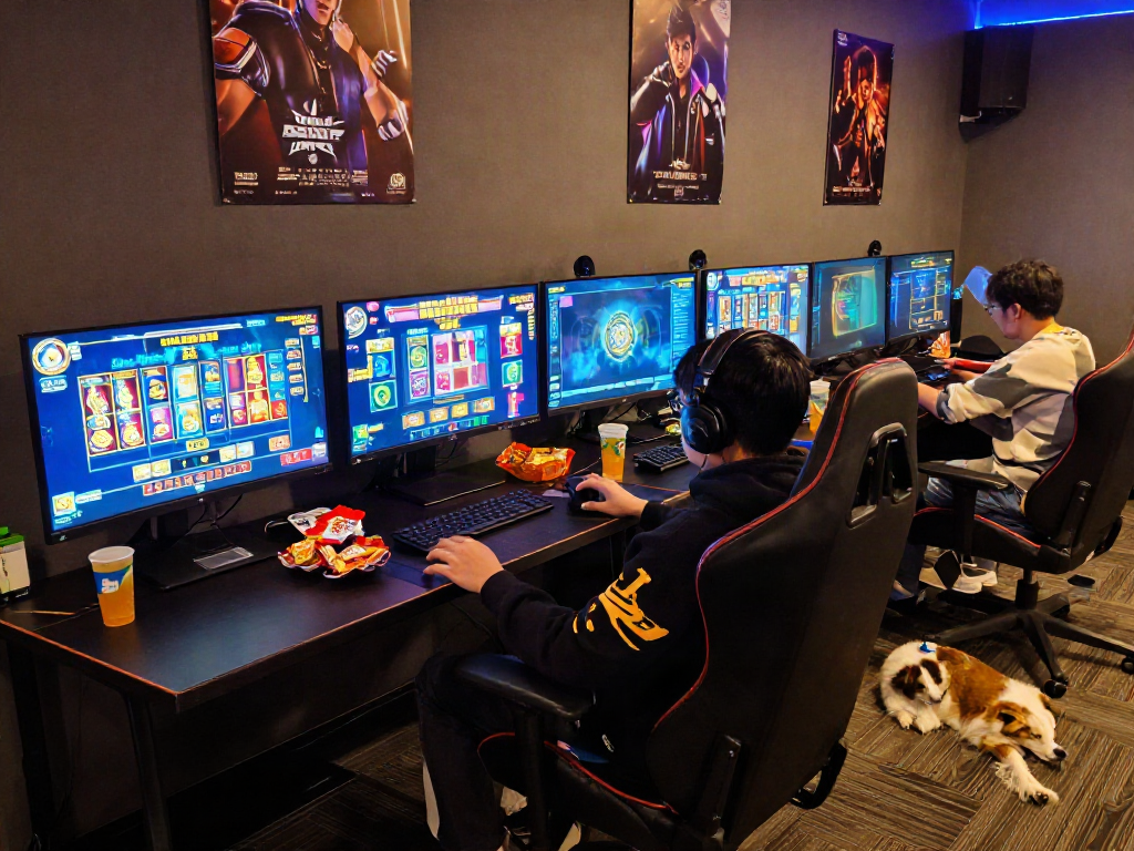 Engaging online gaming setup showcasing bandar slot games with dynamic lighting.