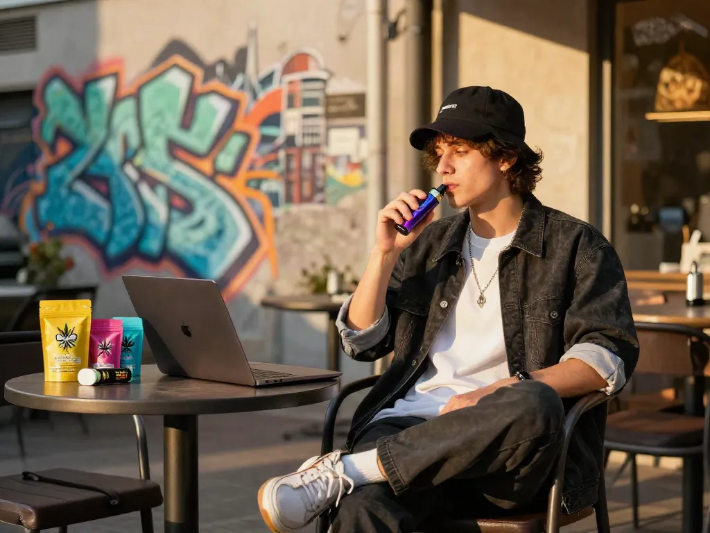 Individual enjoying an Alien Labs Disposable vape on a vibrant urban café terrace.