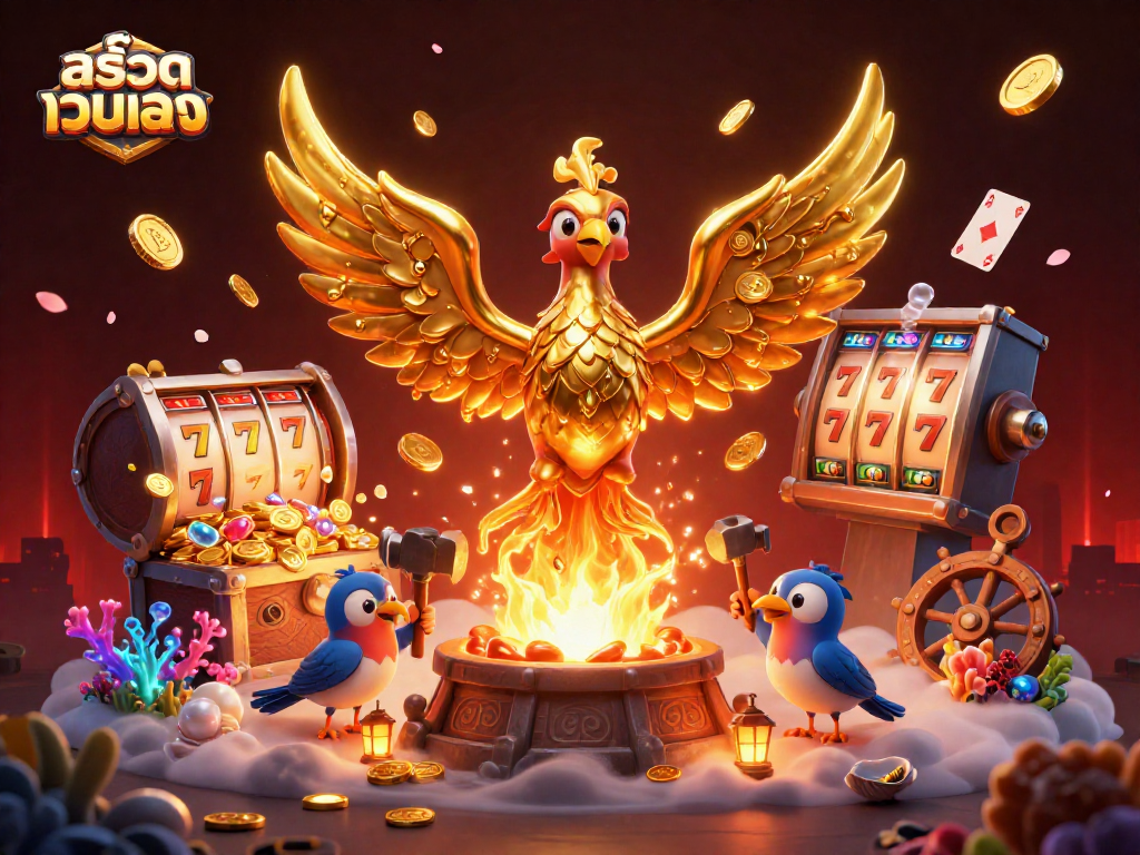 Engage with สล็อตเว็บตรง featuring captivating slot reels and a golden phoenix in an immersive 3D scene.