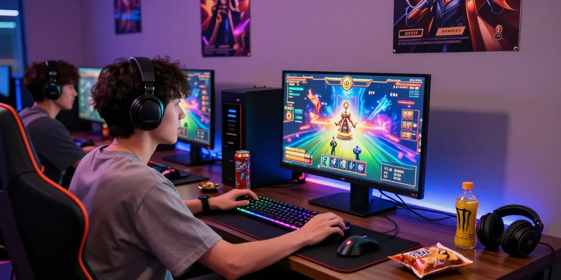 Engaged gamer at desktop enjoying playbook88 link online slots in vibrant gaming setup.