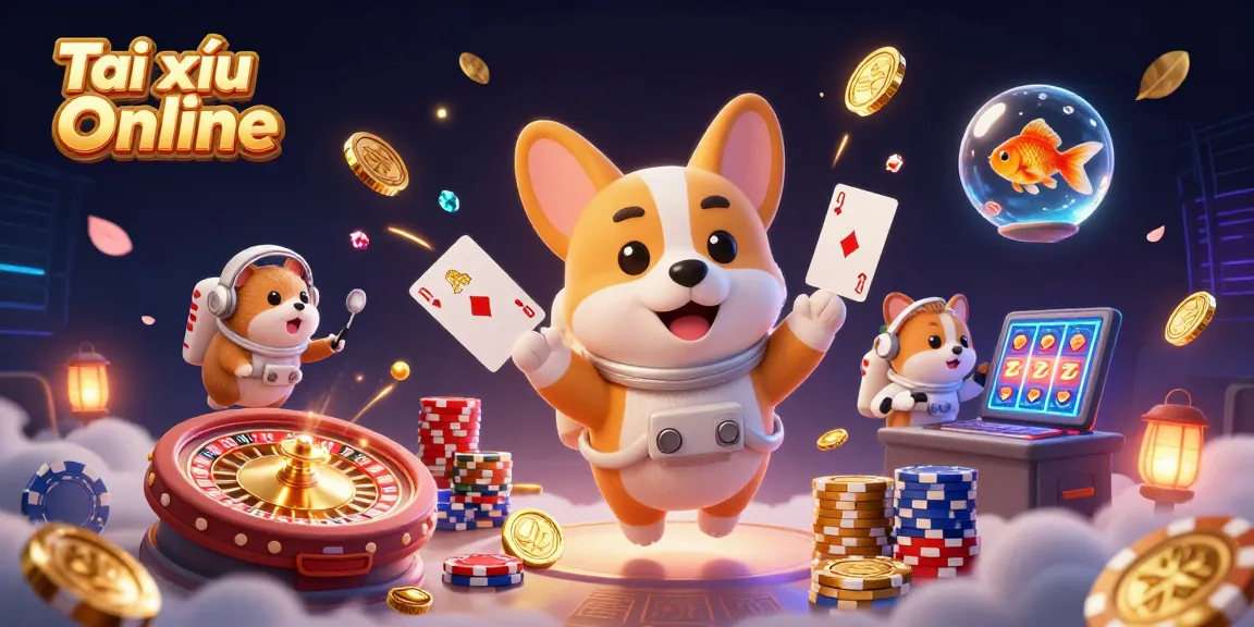 Tài xỉu Online scene with a corgi in space, floating poker chips, engaging players in exciting gameplay.