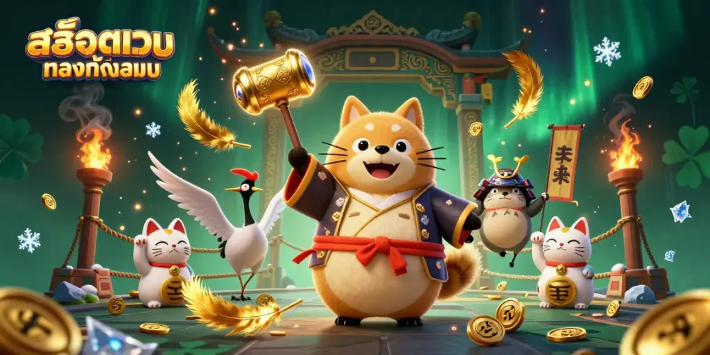 Cheerful tanuki celebrates with a lucky mallet in a colorful casino scene portraying สล็อตเว็บตรงทั้งหมด.