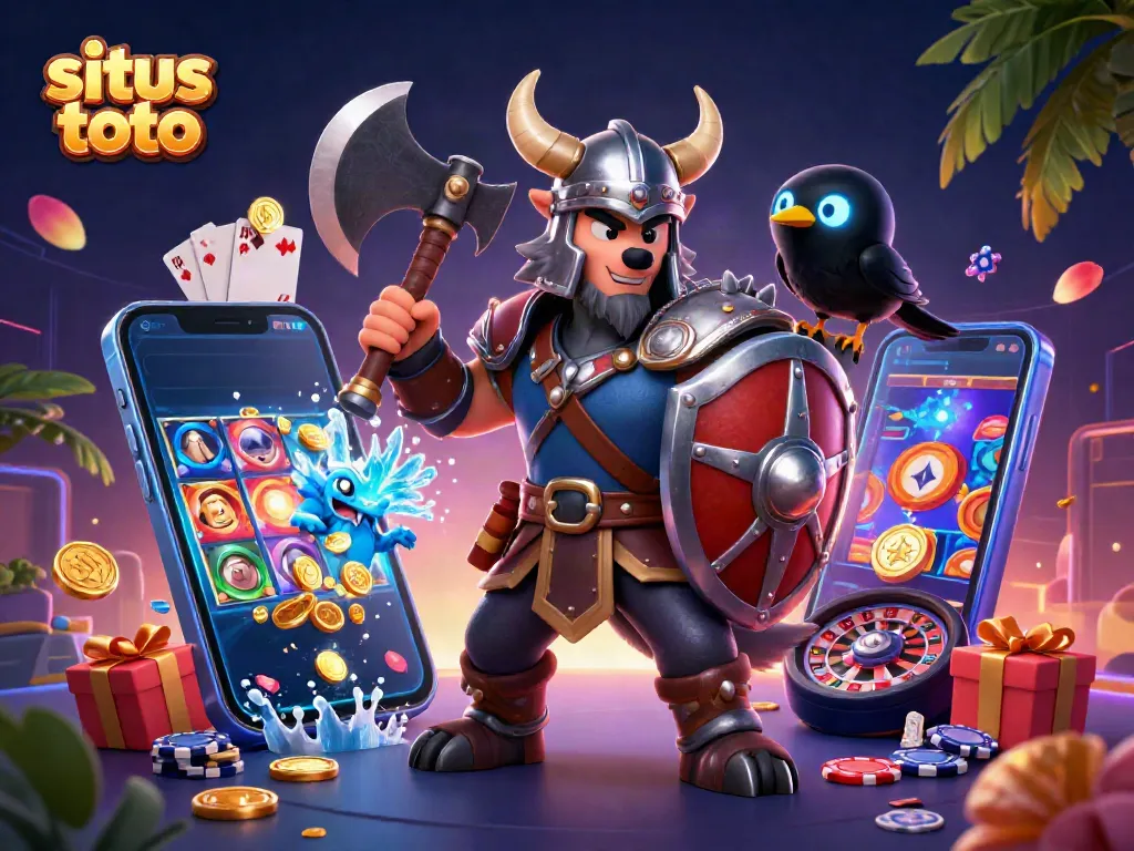 Experience situs toto gaming excitement with a vibrant Viking warrior, dragon, and raven in a dynamic casino scene.