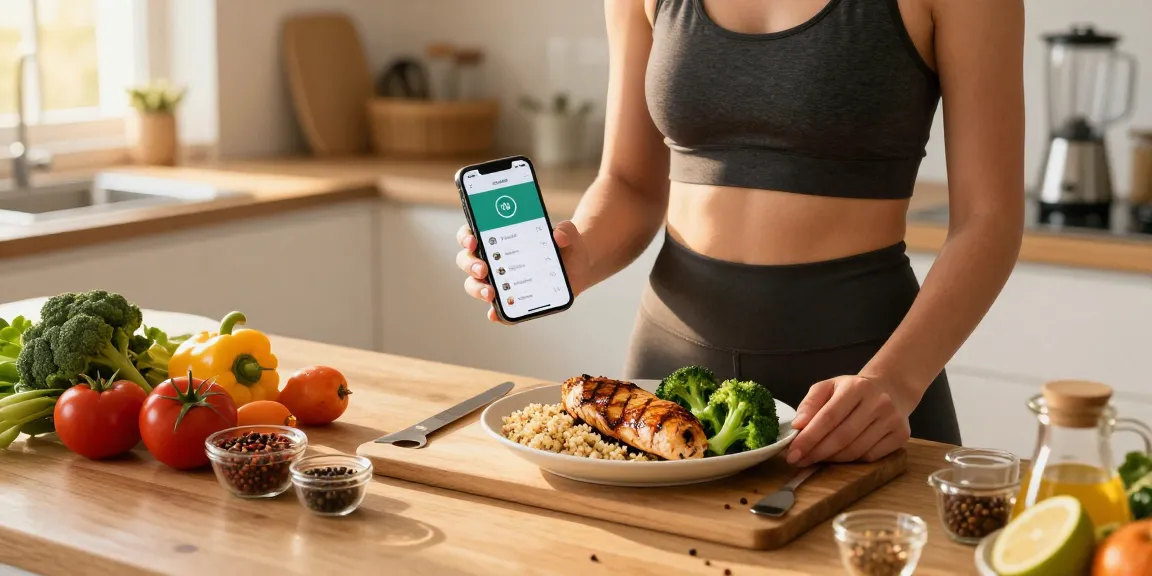 Logging meals with the best calorie tracker app in a vibrant kitchen