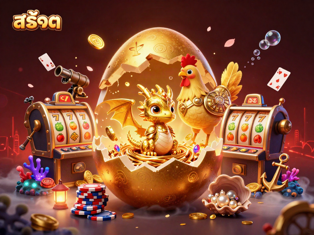 Spin สล็อต reels with a golden dragon and poker chips amidst a treasure-filled casino scene.