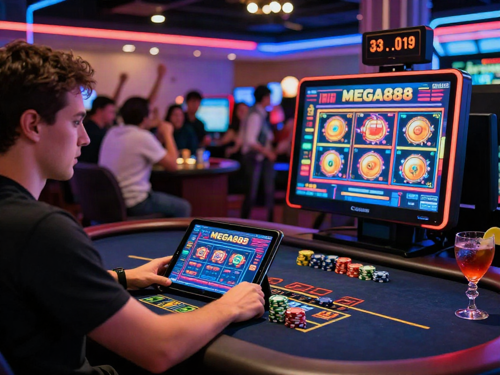 Exciting gaming scene featuring MEGA888 in an online casino environment with players and vibrant graphics.