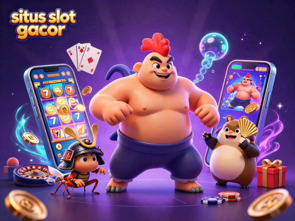 Experience the thrill of situs slot gacor featuring a dynamic sumo rooster and samurai cricket amid vibrant gaming elements.